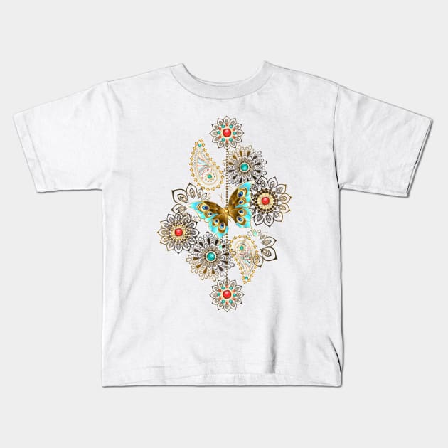 Pattern with Turquoise Butterfly Kids T-Shirt by Blackmoon9